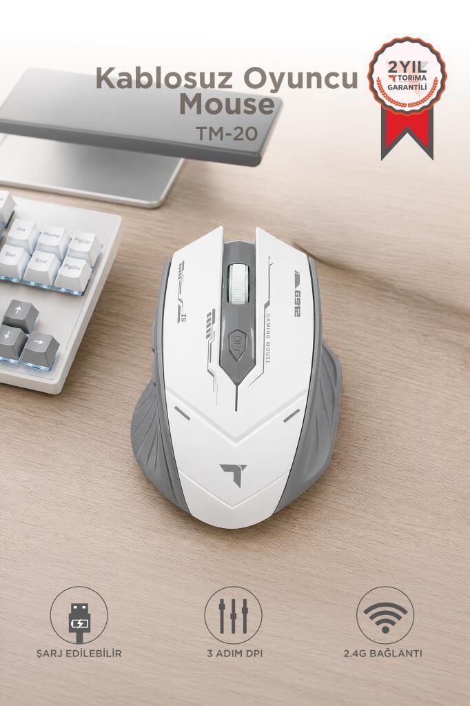 Mouse Çift Modlu Sessiz Kablosuz Oyuncu Fare TM20 Beyaz Gri