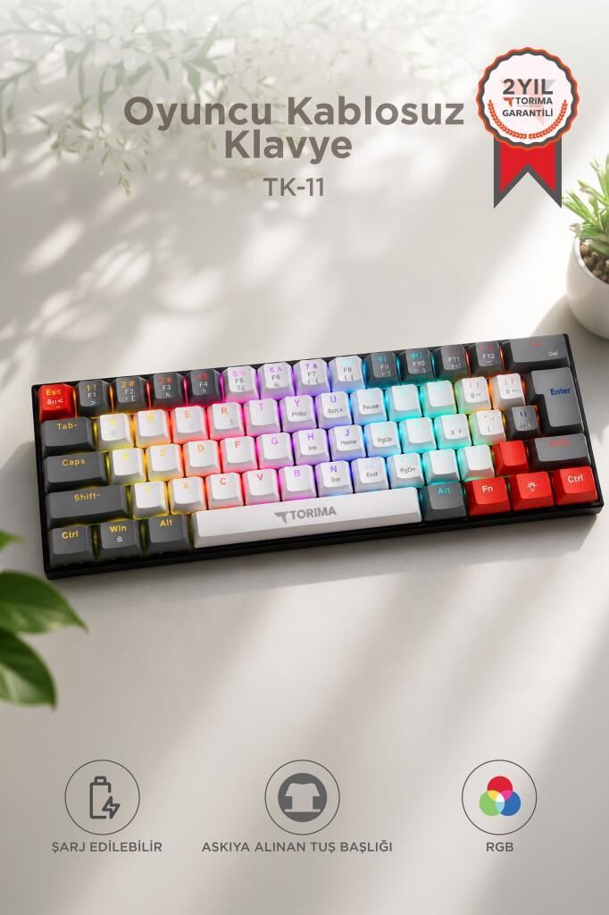 Oyuncu Klavyesi Rgb Işıklı Mekanik Şarjlı Kablosuz Blue Switch Q Klavye TK11 Beyaz