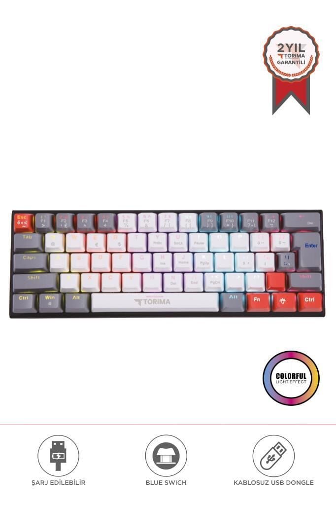 Torima TK-11 Beyaz Mekanik Kablosuz Blue Switch Rgb Işıklı Gaming Sarjlı Q Klavye