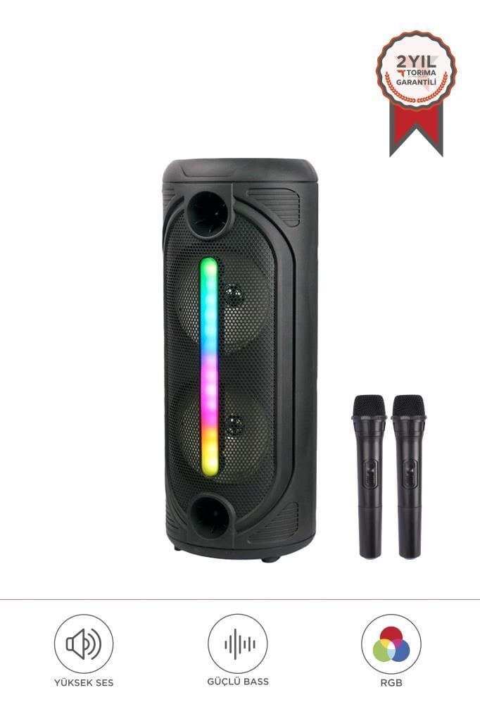 Çift Mikrofonlu RGB Ledli Taşınabilir Bluetooth Hoparlör Parti Speaker KTS-2086 Siyah