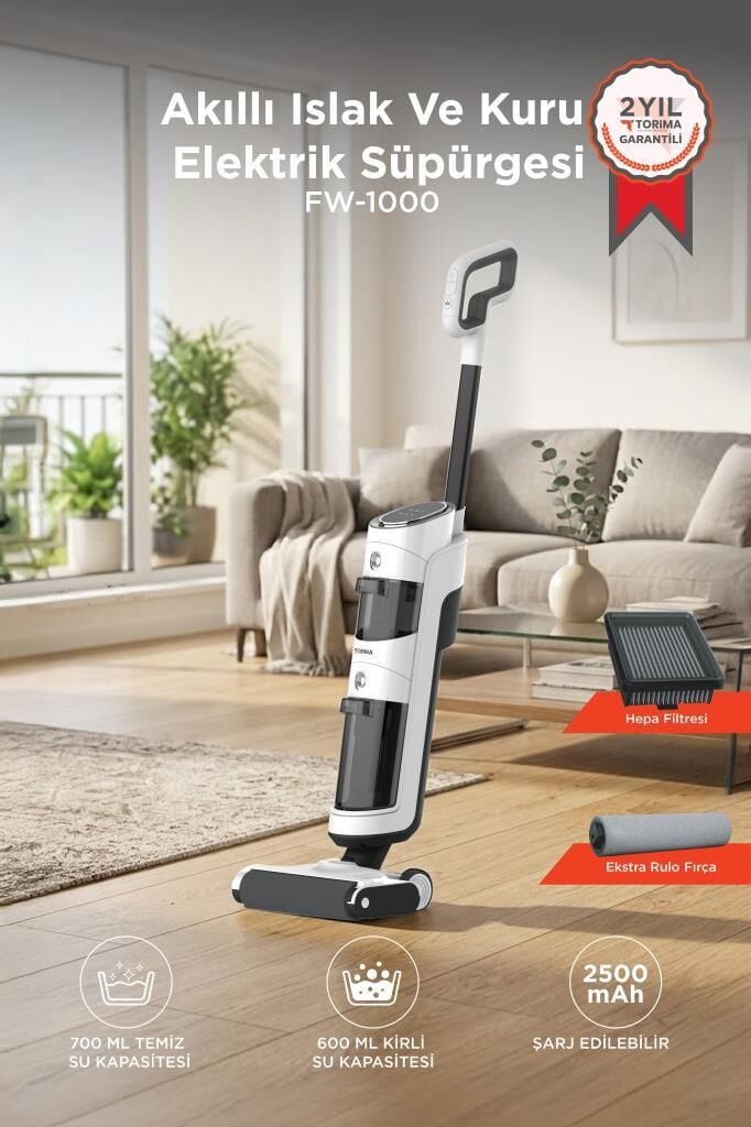 Şarjlı Islak Kuru Dikey Süpürge Yüzey Temizleyici Mop FW1000 Beyaz