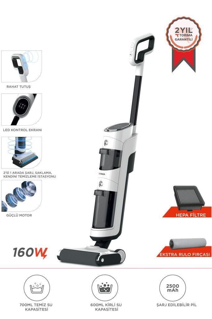 Şarjlı Islak Kuru Dikey Süpürge Yüzey Temizleyici Mop FW1000 Beyaz