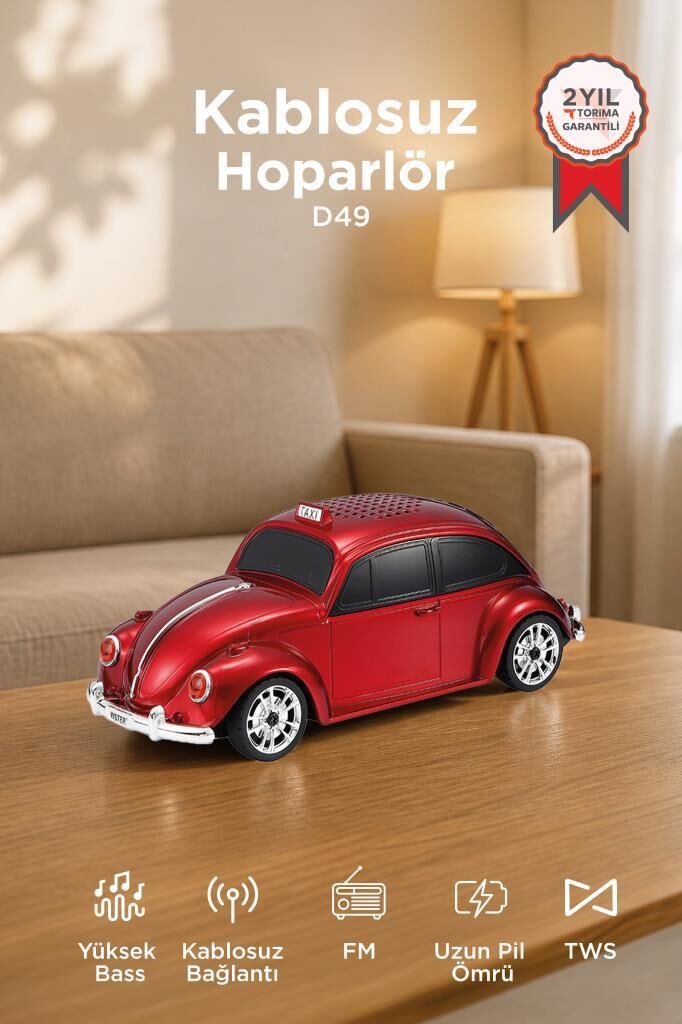 Bluetooth Hoparlör Retro Araba Voswos USB TF FM Speaker D49 Kırmızı