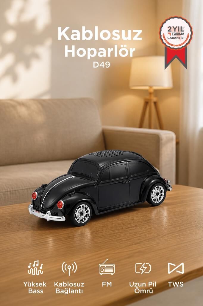 Bluetooth Hoparlör Retro Araba Vosvos USB TF FM Speaker D49 Siyah