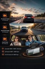 Araç İçi Kamera Gece Görüşlü 1080P Ön ve İç Geri Görüş Kamerası TA09 Siyah