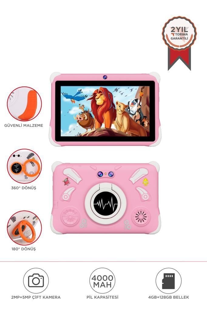 Tablet 4GB 128GB Kılıf Hediyeli Çocuk Tableti T15 Pembe