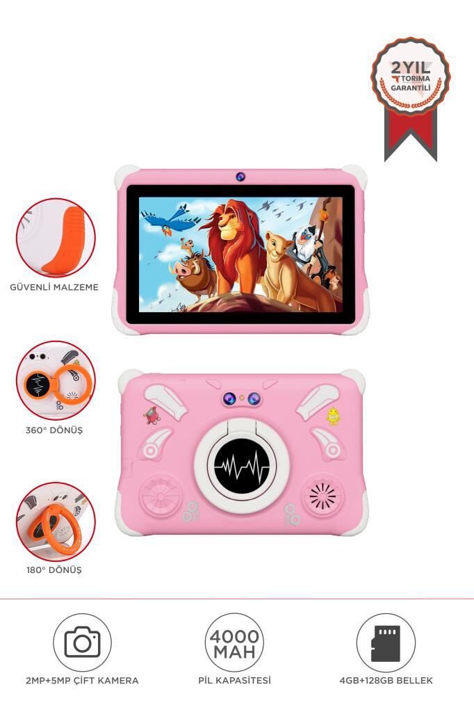 Tablet 4GB 128GB Kılıf Hediyeli Çocuk Tableti T15 Pembe
