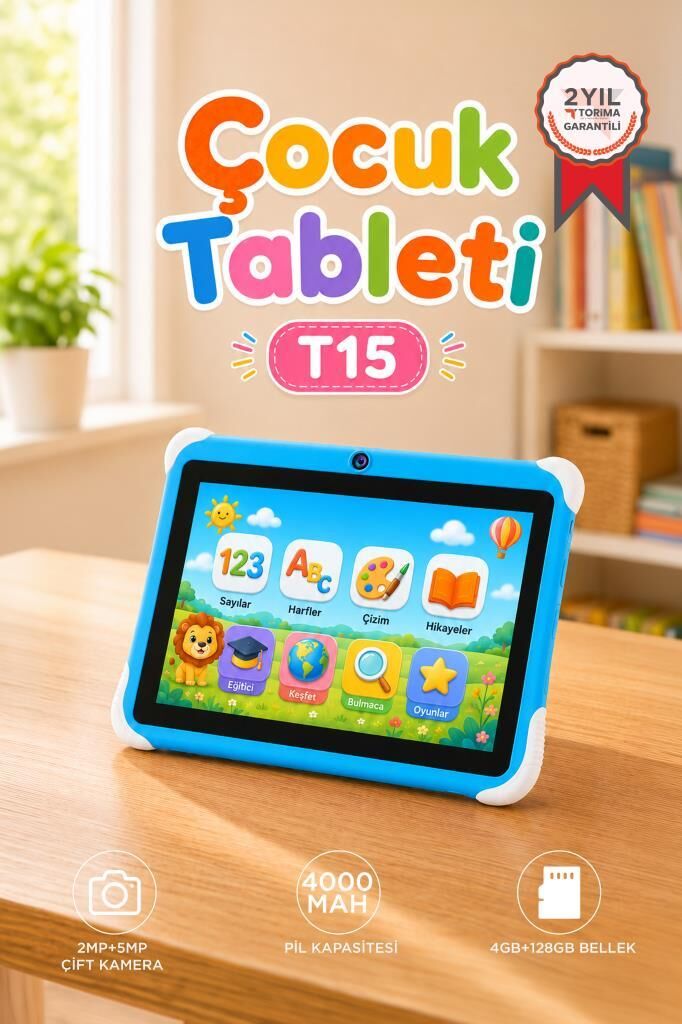 Tablet 4GB 128GB Kılıf Hediyeli Çocuk Tableti T15 Mavi