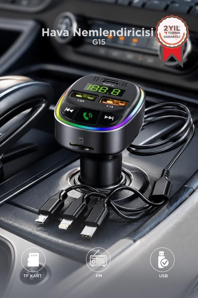 Transmitter Usb Type-C Tf Kart Destekli Hızlı Araç Şarj Cihazı Fm 18W G15 Siyah