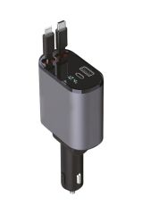TORİMA G16 120W Süper Hızlı Şarjlı Transmitter Araç Şarj Cihazı – Çift Type-C & Lightning Kablo, Dijital Göstergeli, 80cm Kablo