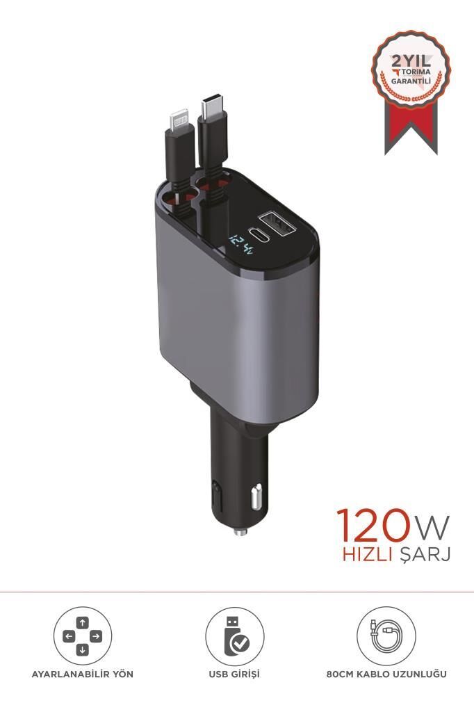 TORİMA G16 120W Süper Hızlı Şarjlı Transmitter Araç Şarj Cihazı –Type-C & Lightning Kablo 80cm Kablo
