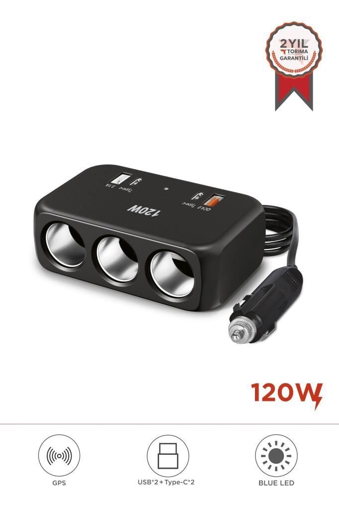 TORİMA G18 Siyah 120W Çoklu Çıkışlı Araç Şarj Cihazı – 2x Type-C, USB, QC4.0 & 3 Çakmaklık Girişli