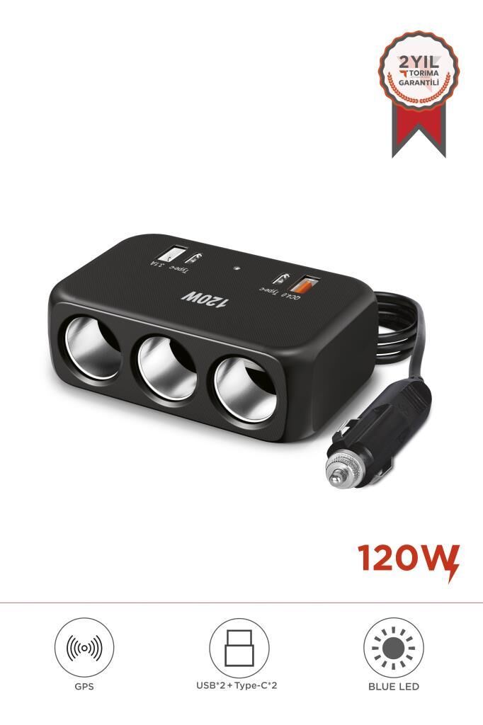 Araç Şarj Cihazı Çakmaklık Girişli 120W Hızlı Şarj Type-C USB QC4.0 Çoklu Çıkışlı G18 Siyah