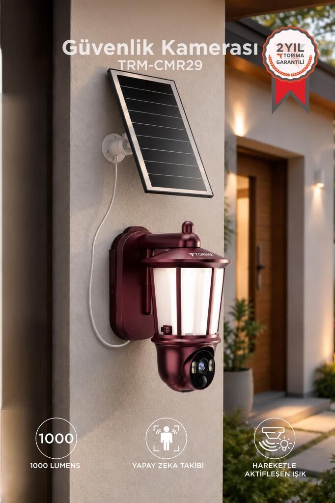 Güneş Enerjili IP Güvenlik Kamerası Duvar Lamba Tipi Şarjlı Dış Mekan CMR29 Kahverengi