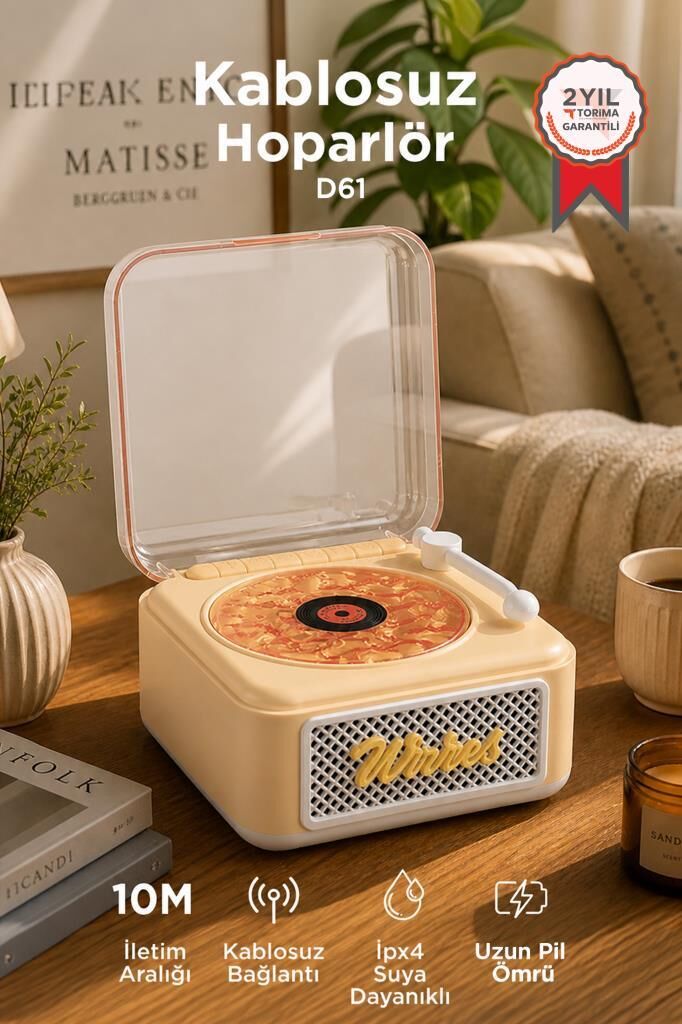Bluetooth Hoparlör Nostaljik Plak Görünümlü Işıklı AUX TF Destekli Speaker D61 Sarı