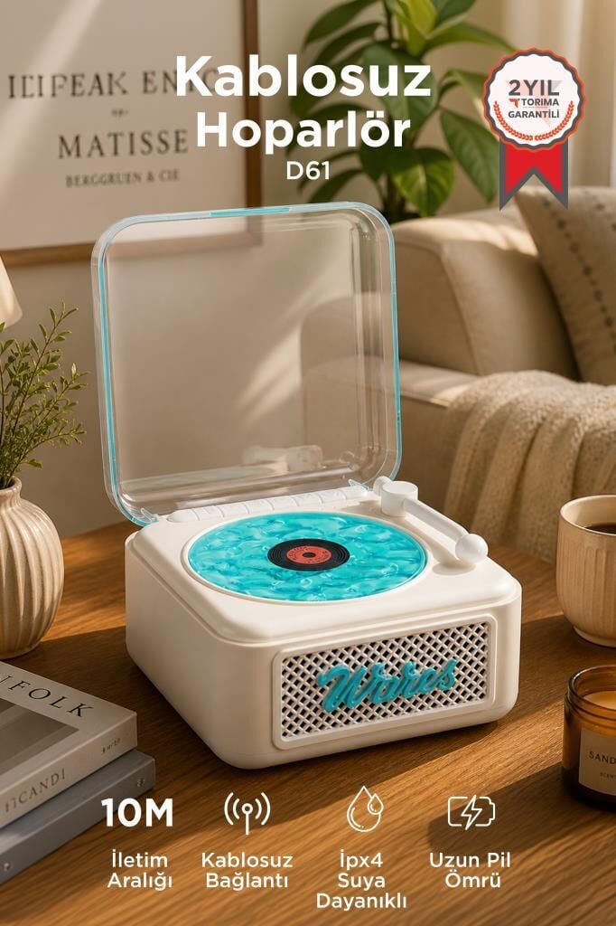 Bluetooth Hoparlör Nostaljik Plak Görünümlü Işıklı AUX TF Destekli Speaker D61 Beyaz