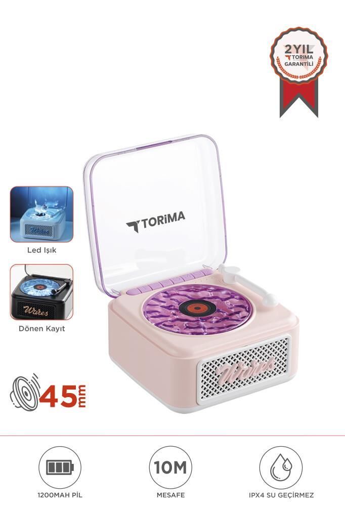 Torima D61 Pembe  Nostalji Plak Görünüm Dekor Waves BT Işıklı Müzik Çalar Saat Tf Kart Aux Özellikli