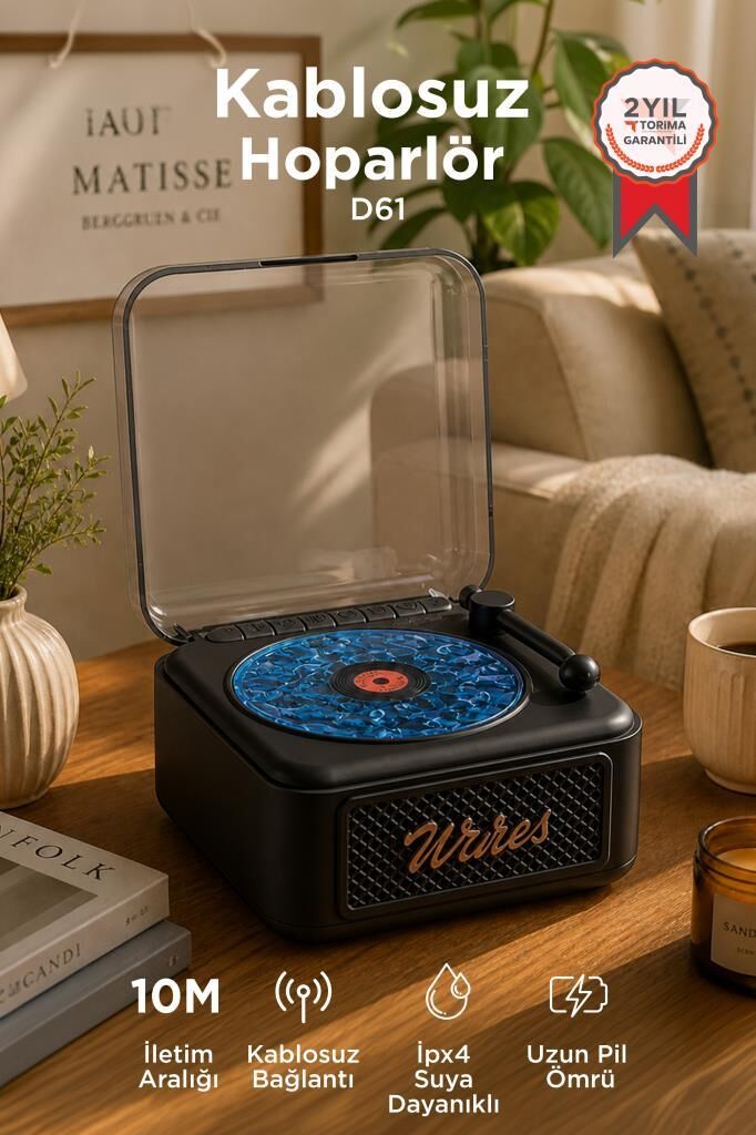 Bluetooth Hoparlör Nostaljik Plak Görünümlü Işıklı AUX TF Destekli Speaker D61 Siyah