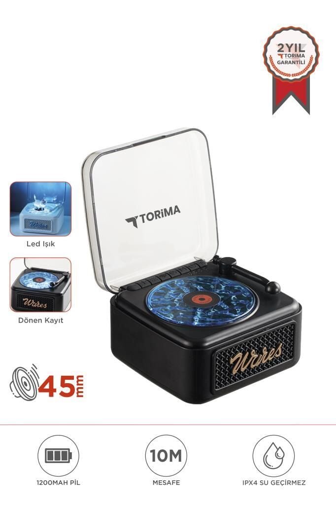 Torima D61 Siyah Nostalji Plak Görünüm Dekor Waves BT Işıklı Müzik Çalar Saat Tf Kart Aux Özellikli