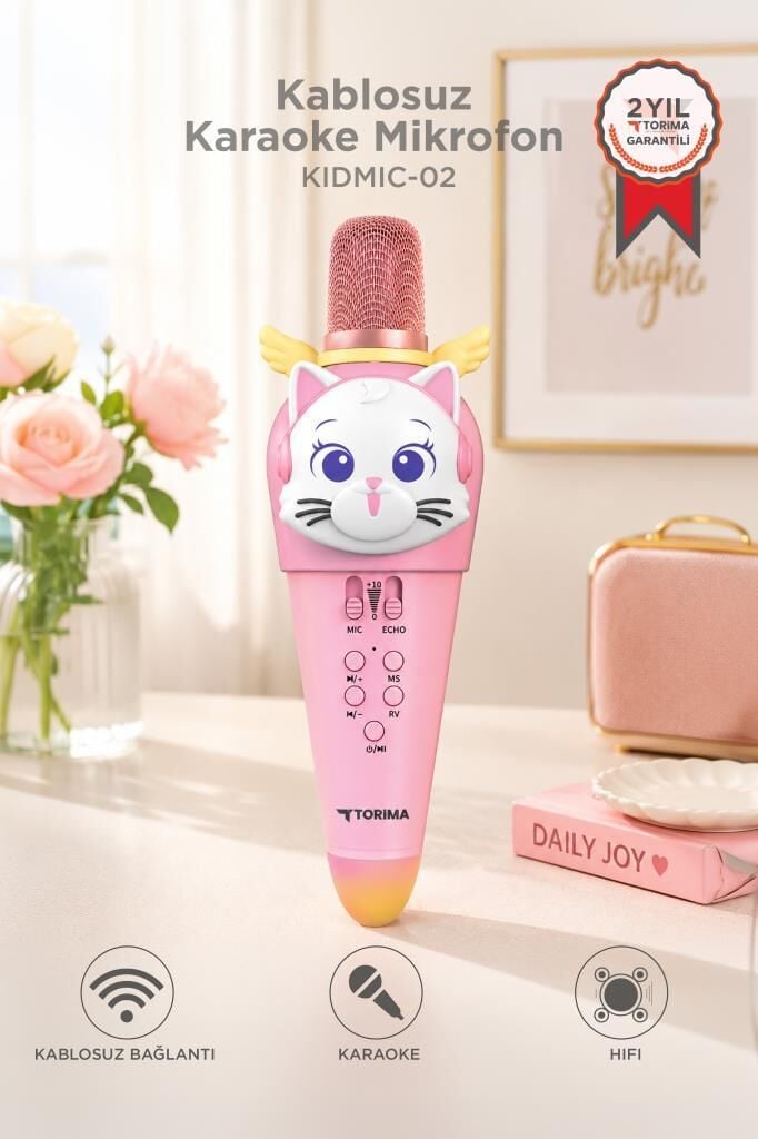 Kablosuz Karaoke Mikrofon ve Hoparlör Kedi Figürlü Şarjlı Mikrofon KIDMIC-02 Pembe