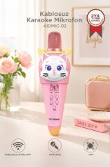 Kablosuz Karaoke Mikrofon ve Hoparlör Kedi Figürlü Şarjlı Mikrofon KIDMIC-02 Pembe