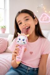 Kablosuz Karaoke Mikrofon ve Hoparlör Kedi Figürlü Şarjlı Mikrofon KIDMIC-02 Pembe