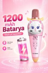 Kablosuz Karaoke Mikrofon ve Hoparlör Kedi Figürlü Şarjlı Mikrofon KIDMIC-02 Pembe