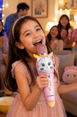 Kablosuz Karaoke Mikrofon ve Hoparlör Kedi Figürlü Şarjlı Mikrofon KIDMIC-02 Pembe