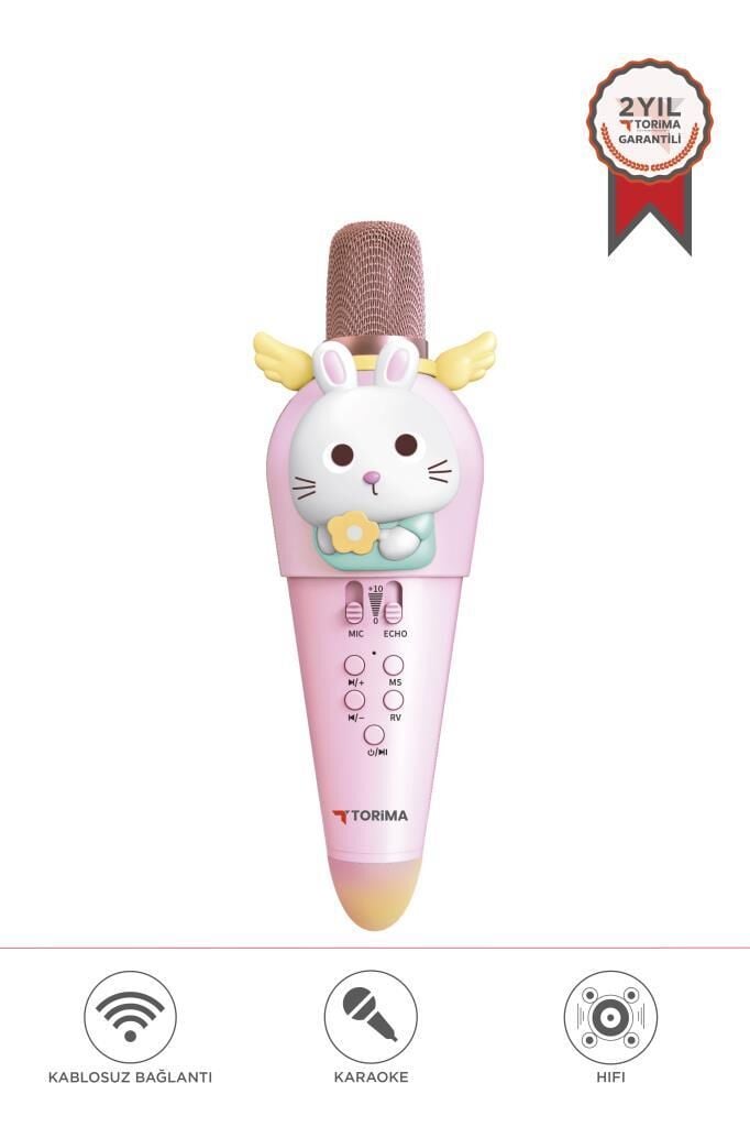 Torima KIDMIC03 Pembe Tavşan Figürlü Şarjlı BT Karaoke Mikrofon ve Hoparlör 5W Kablosuz Mikrofon