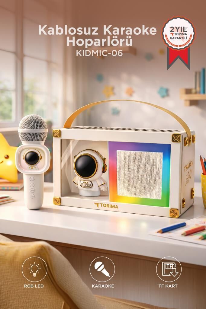 Bluetooth Hoparlör Rgb Işıklı Mikrofonlu Karaoke Astronot Figürlü Speaker KIDMIC-06 Beyaz
