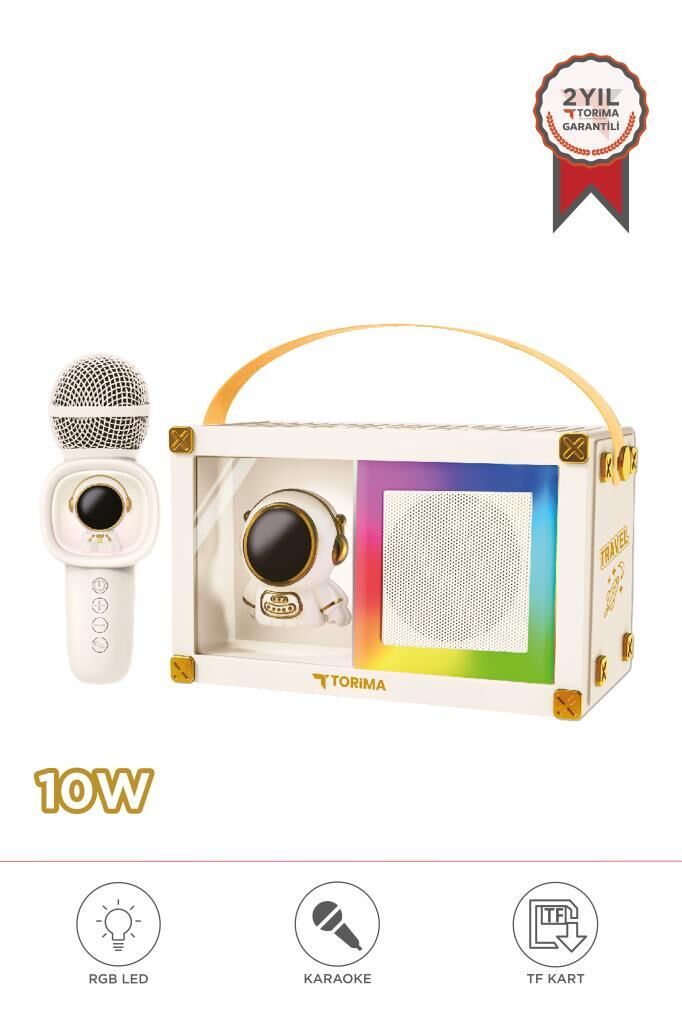 Bluetooth Hoparlör Rgb Işıklı Mikrofonlu Karaoke Astronot Figürlü Speaker KIDMIC-06 Beyaz