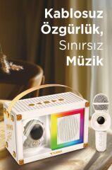 Bluetooth Hoparlör Rgb Işıklı Mikrofonlu Karaoke Astronot Figürlü Speaker KIDMIC-06 Beyaz