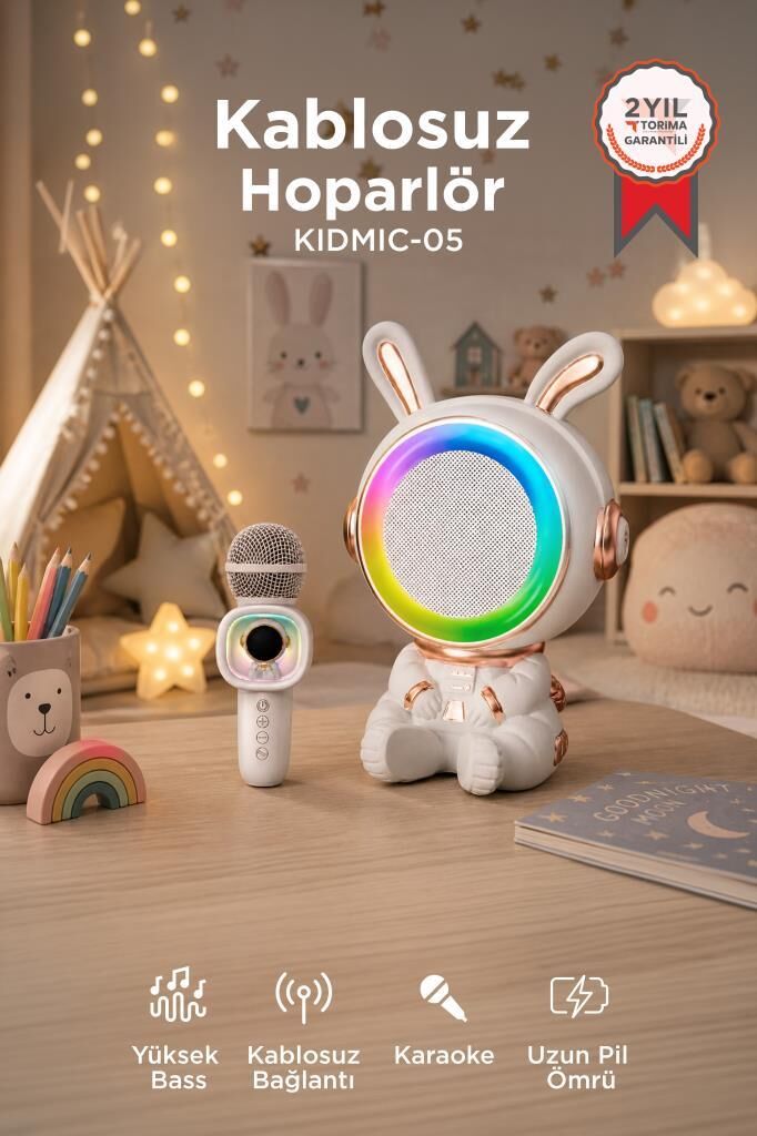 Bluetooth Hoparlör Rgb Işıklı Mikrofonlu Karaoke Tavşan Figürlü Speaker KIDMIC-05 Beyaz