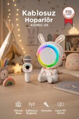 Bluetooth Hoparlör Rgb Işıklı Mikrofonlu Karaoke Tavşan Figürlü Speaker KIDMIC-05 Beyaz