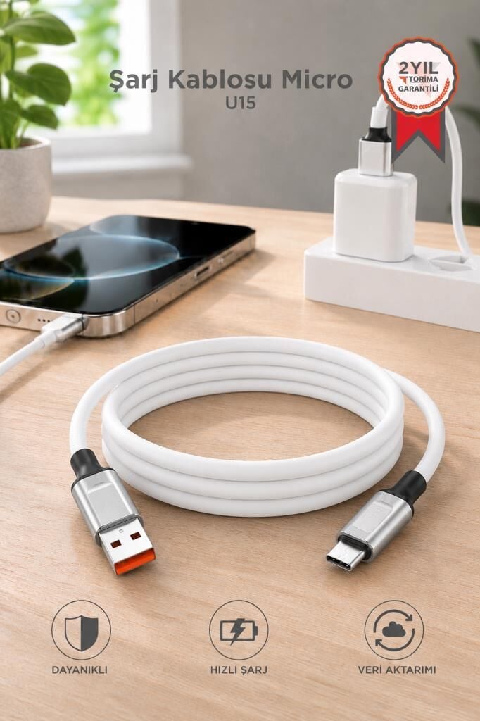 Şarj Kablosu Micro Silikon 3.0A Data Kablo U15 Beyaz