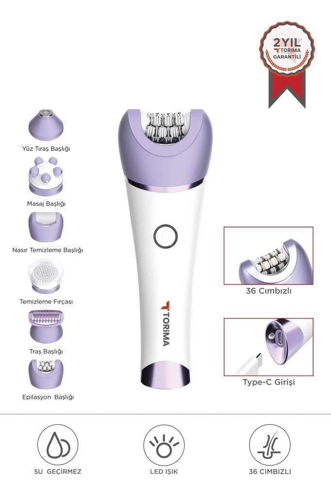 Epilatör Islak ve Kuru Kablosuz 6 Başlıklı Yüz Koltuk Altı Bikini Bölgesi Bacak Epilatörü TEP02 Beyaz