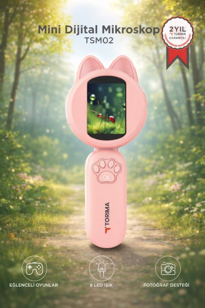 Mini Dijital Mikroskop Led Işıklı HD IPS Ekranlı Eğitici Oyuncak TSM02 Pembe