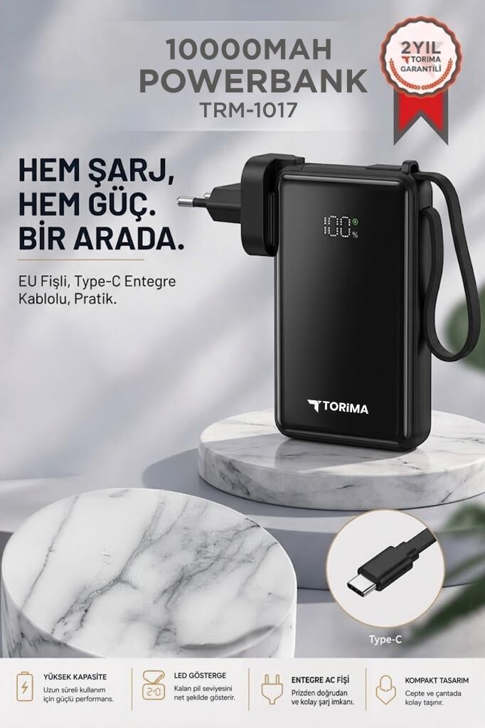 Taşınabilir Batarya 10000 Mah Type-C Hızlı Şarj Dijital Göstergeli 22,5W Powerbank TRM-1017 Siyah
