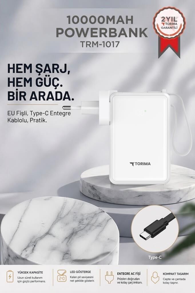 Taşınabilir Batarya 10000 Mah Type-C Hızlı Şarj Dijital Göstergeli 22,5W Powerbank TRM-1017 Beyaz