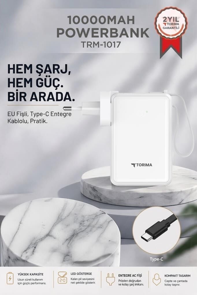 Torima Taşınabilir Batarya 10000 Mah Type-C Hızlı Şarj Dijital Göstergeli 22,5W Powerbank TRM-1017 Beyaz