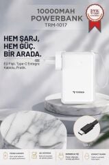 Taşınabilir Batarya 10000 Mah Type-C Hızlı Şarj Dijital Göstergeli 22,5W Powerbank TRM-1017 Beyaz