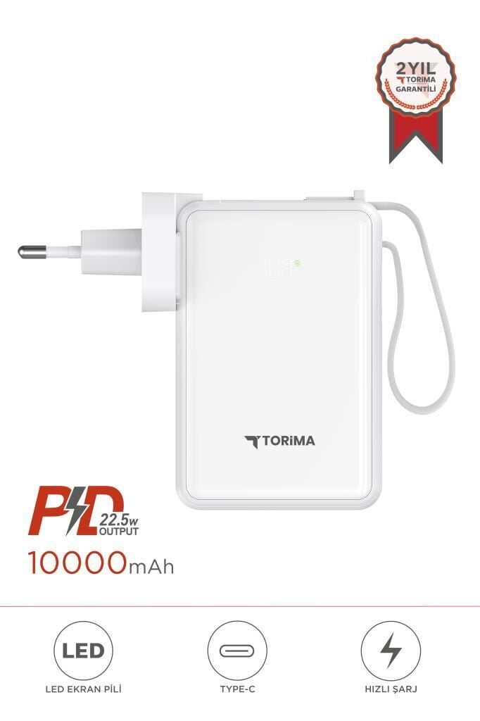 Torima TRM-1017 Beyaz 10000 mAh Type-C Taşınabilir 22,5 W Hızlı Şarj Dijital Göstergeli Powerbank