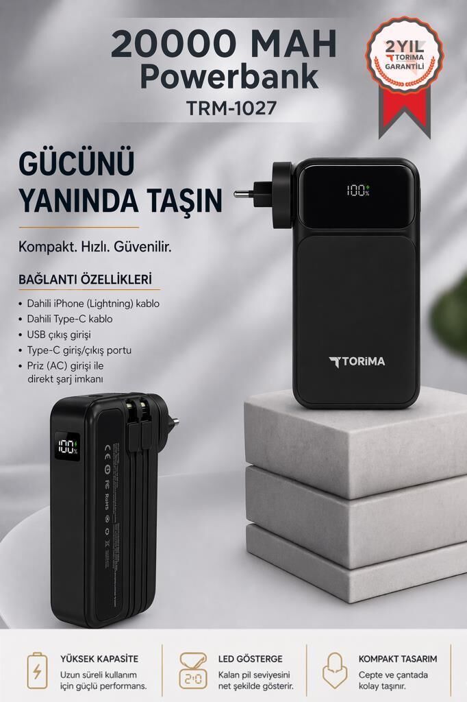 Taşınabilir 20000 Mah Type-C Lightning Hızlı Şarj Dijital Göstergeli 22,5W Powerbank TRM-1027 Siyah