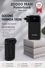 Taşınabilir 20000 Mah Type-C Lightning Hızlı Şarj Dijital Göstergeli 22,5W Powerbank TRM-1027 Siyah