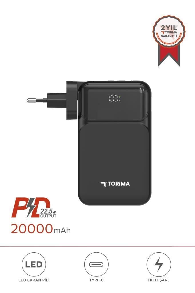 Torima TRM-1027 Siyah 20000 mAh Type-C Lightning 22,5 W Hızlı Şarj Dijital Göstergeli Powerbank