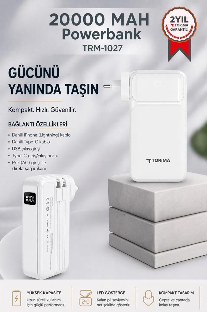 Taşınabilir 20000 Mah Type-C Lightning Hızlı Şarj Dijital Göstergeli 22,5W Powerbank TRM-1027 Beyaz