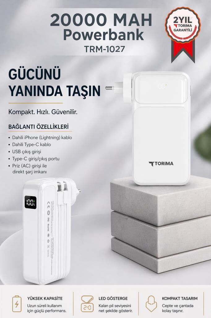 Taşınabilir 20000 Mah Type-C Lightning Hızlı Şarj Dijital Göstergeli 22,5W Powerbank TRM-1027 Beyaz
