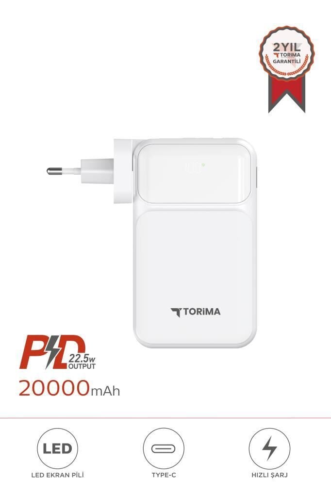Torima TRM-1027 Beyaz 20000 mAh Type-C Lightning 22,5 W Hızlı Şarj Dijital Göstergeli Powerbank