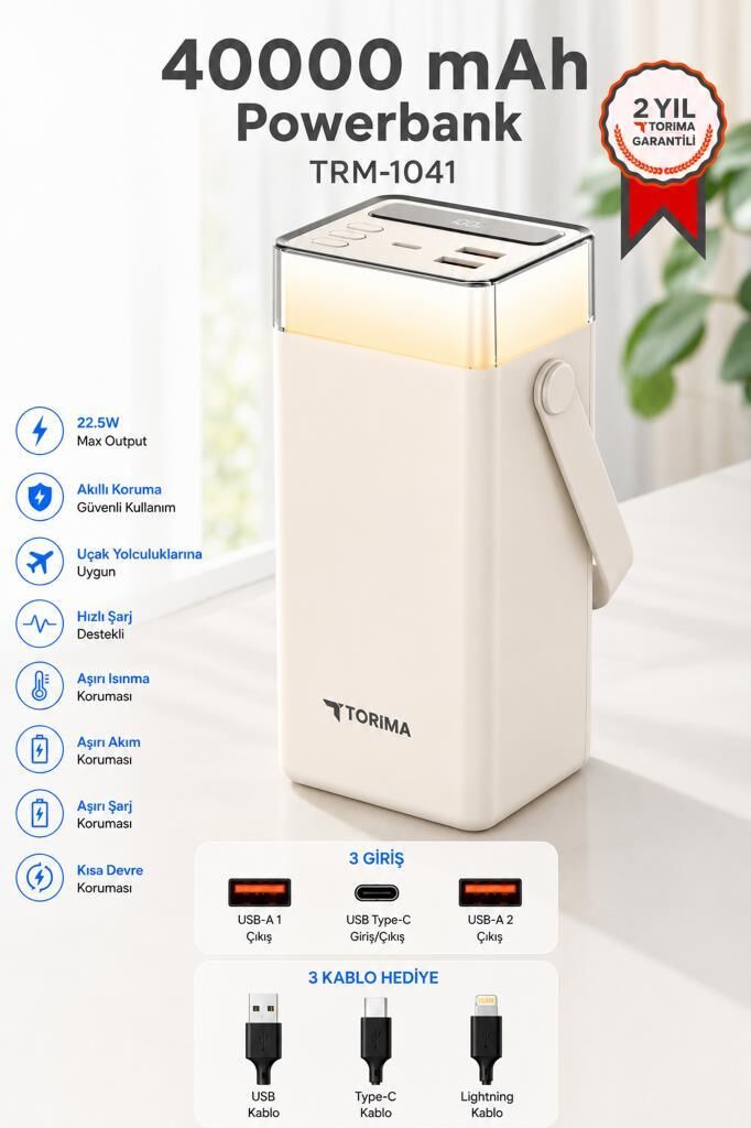 Taşınabilir Batarya 40000 Mah Type-C Lightning Hızlı Şarj Rgb Işıklı 22,5W Powerbank TRM-1041 Beyaz