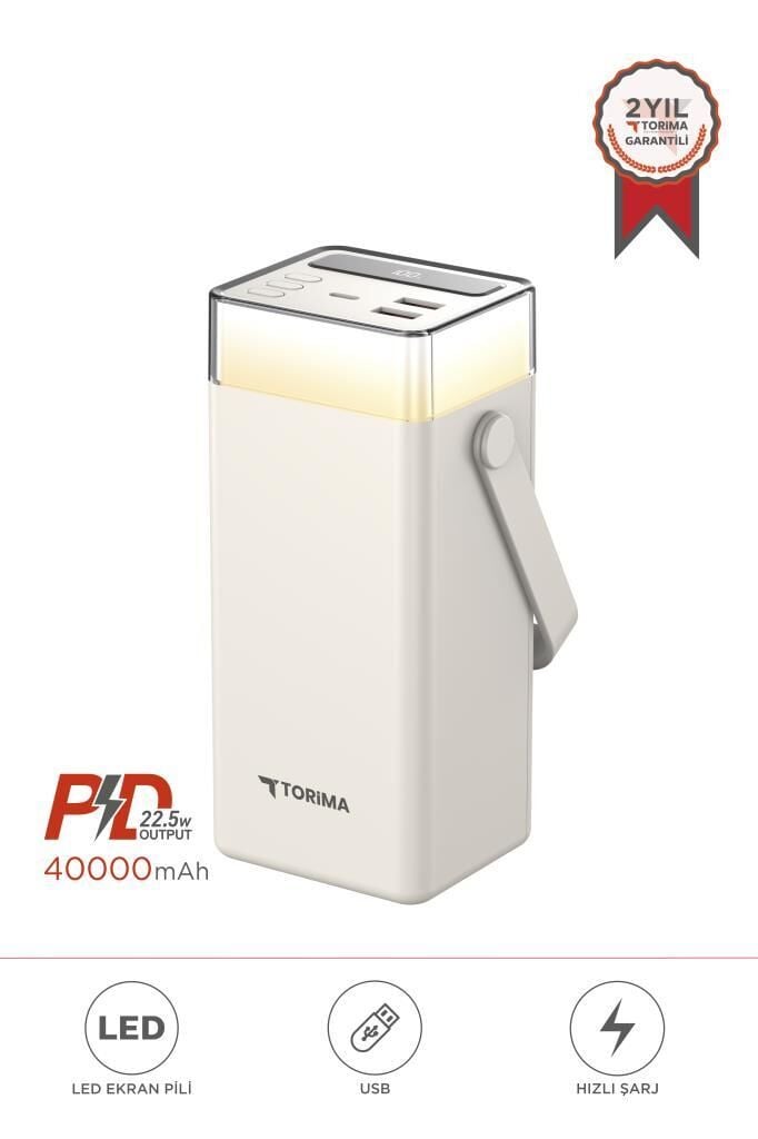 Torima TRM-1041 Beyaz 40000 mAh Type-C Lightning 22,5 W Hızlı Şarj  RGB Led Işıklı Powerbank